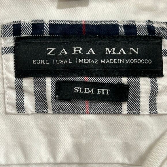 Zara Man Men’s Large Slim Fit White Button Down Shirt Plaid Elbow Patches - Picture 3 of 7